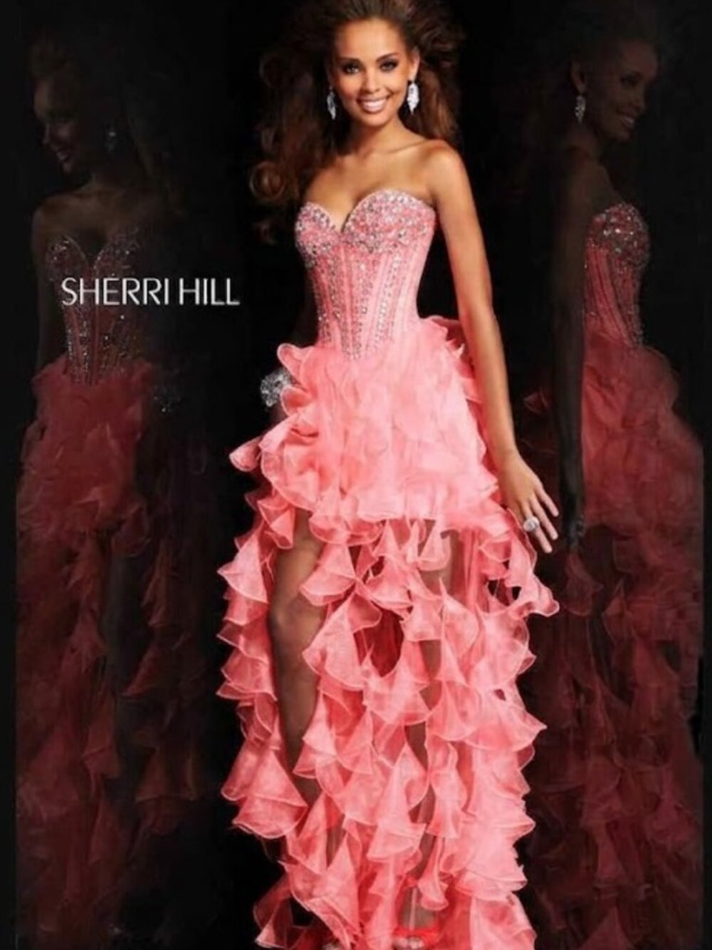 Authentic SHERRI HILL CORAL 10 Hi-Low Ruffle Gown Formal Prom Pageant Dress 1543